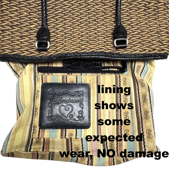 bag BRIGHTON black tan woven leather jute shoulder pockets preppy classic tote - Picture 11 of 16